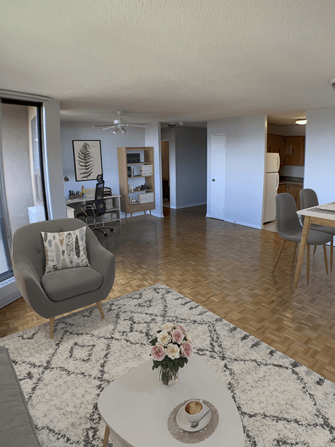 a living room and dining room with a rug and a table